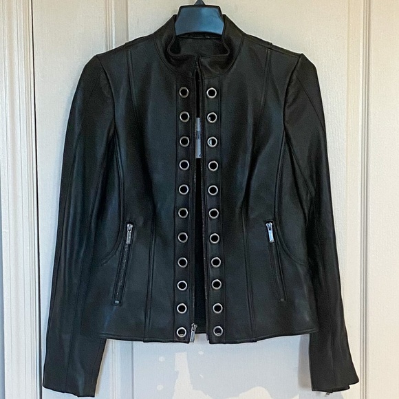 NWT Neiman Marcus Grommet-Trim Lamb Leather Moto - Picture 11 of 15